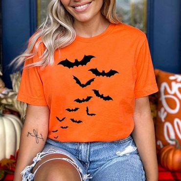 Women's Vintage Halloween Chic Cute Bat Short Sleeve Crew Neck T-shirt