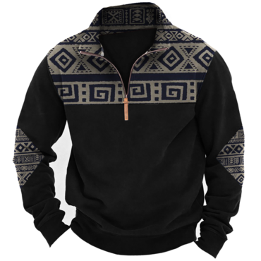 Men's Vintage Quarter Zip Chic Aztec Ethnic Print Long Sleeve Sweatshirt