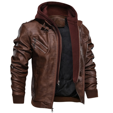 Men's Leather Hoodie Jacket Chic Windproof Thick Warm Active Coat Full Zip