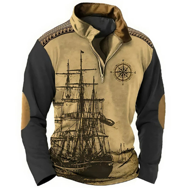 Men's Retro Nautical Sailing Chic Compass Print Zipper Stand Collar Sweatshirt Christmas Holiday Tops Khaki Gray Black