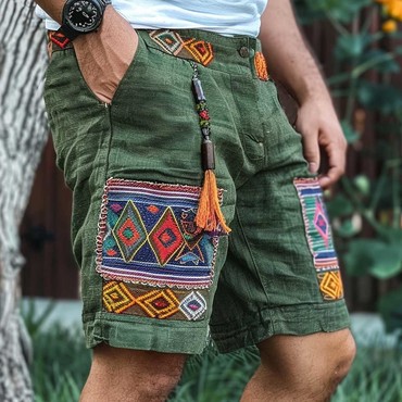 Men's Vintage Cotton And Chic Linen Ethnic Aztec Hippie Print Color Block Casual Cargo Shorts