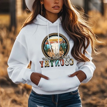 Women's Vintage Western Cowgirl Chic Ain't That Some Country Print Pocket White Hoodie