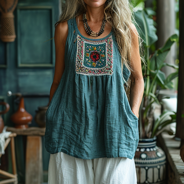 Retro Loose, Comfortable And Chic Breathable Ethnic Style Linen V-neck Suspender Sleeveless Top