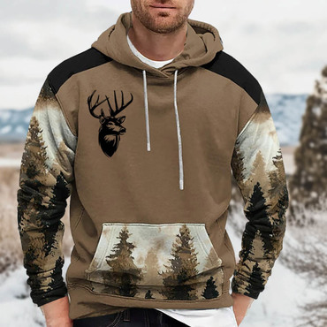 Men's Vintage Deer Forest Chic Hunting Print Pocket Long Sleeve Hoodie