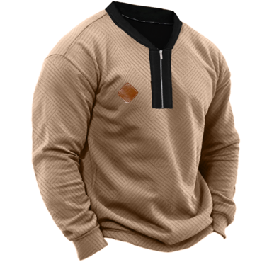 Men's Outdoor Casual Geometric Chic Pattern Fabric Quarter Zip Collar Leather Lable Sweatshirt