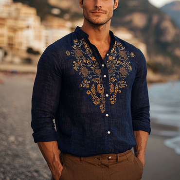 Men's Outdoor Elegant Gentleman Chic Beach Ethnic Patterns Dark Blue Linen Shirts