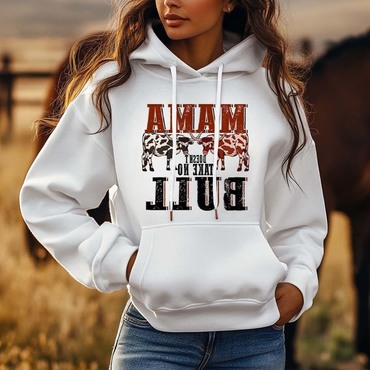 Women's Vintage Western Cowgirls Chic Mama Doesn't Take No Bull Print Pocket White Hoodie