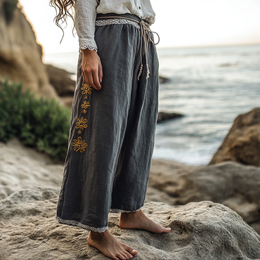 Women's Rustic Boho Beach Chic Vacation Print Linen Lace Stitching Dark Gray Ninth Wide Leg Pants