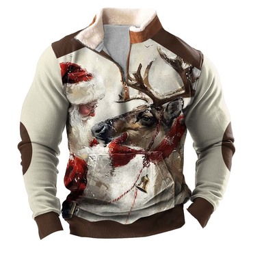 Men's Vintage Santa Elk Print Chic Fleece Collar Quarter Zip Stand Collar Ugly Christmas Sweatshirt