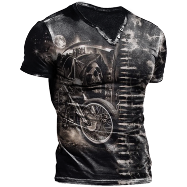 Men's Vintage Skull Distressed Chic Rock Motorcycle Road Trip Button V Neck Print T-shirt