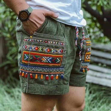 Men's Vintage Cotton And Chic Linen Ethnic Aztec Hippie Print Casual Elastic 5 Inch Shorts