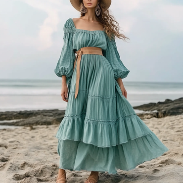 Women's Vintage Boho Style Chic Ruffles Square Neck Long Sleeve Aqua Blue Dress