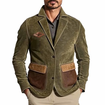 Men's Vintage Suede Western Chic Cowboy Multi-pocket Color Block Reversal Collar Outdoor Jacket