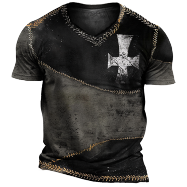 Men's Retro Cross Faith Chic Color Block Print V Neck T-shirt