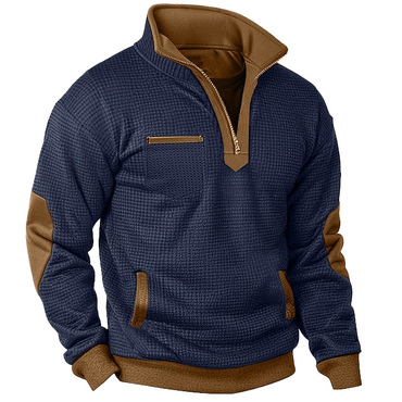 Men's Vintage Waffle Contrast Chic Pocket Quarter Zip Stand Collar Sweatshirt