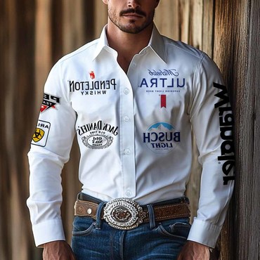 Men's Western Cowboy Outdoor Chic Pbr Whiskey Long Sleeved White Shirts