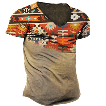 Men's Outdoor Western Ethnic Chic Pattern Tactical V Collar T-shirt