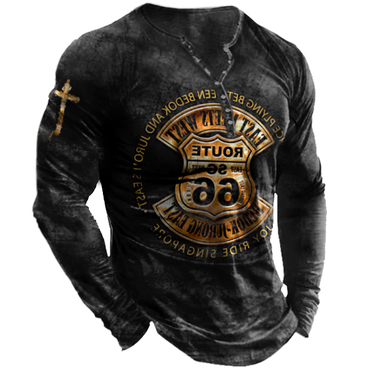 Men's Route 66 Print Chic Vintage Henley Collar Top Long Sleeve T-shirts