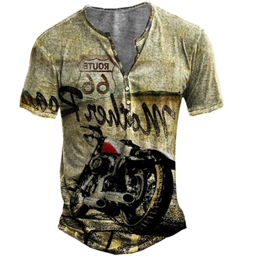 Men's Route 66 Motorcycle Print Chic Henley Short Sleeve T-shirt