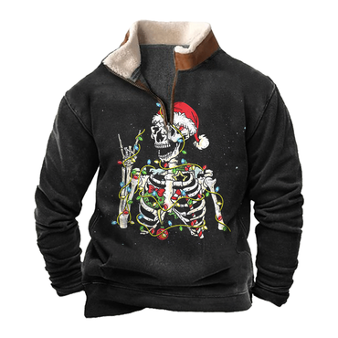 Men's Vintage Skeleton Christmas Chic Lamb Fleece Collar Spliced Sweatshirts