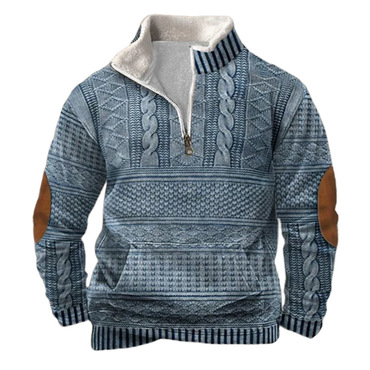 Men's Vintage 3d Print Chic Fleece Collar Quarter Zip Stand Collar Sweatshirt