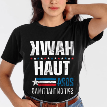 Women's Hawk Tuah 24 Chic Spit On That Thang Print Short Sleeve Crew Neck T-shirt