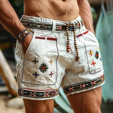 Men's Vintage Cotton And Chic Linen Ethnic Aztec Hippie Print Casual Elastic Shorts