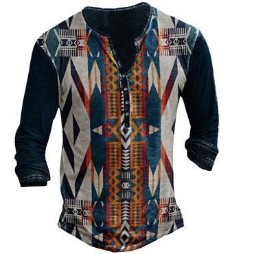 Men's Vintage Ethnic Graphic Print Chic Henley Cotton T-shirt