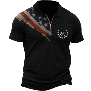 Men's Vintage American Flag Chic 1776 Independence Day Print Zip Polo Short Sleeve T-shirt