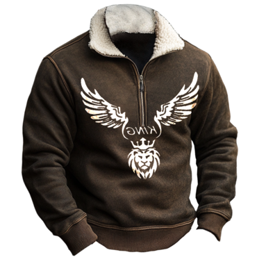 Mens Vintage Quarter Zip Collar Chic The Lion Print Sweatshirt