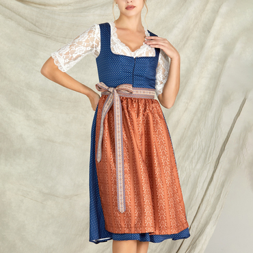 Women's Vintage Oktoberfest Chic Polka Dot Print Bow Square Neck Blue Dirndl Dress No Lace Top Included