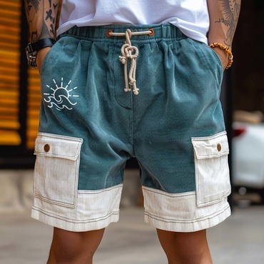 Men's Corduroy Surf Shorts Chic Vintage Sun Wave Print Vacation Multi-pocket Color Block Daily Hawaii Casual Walkshort