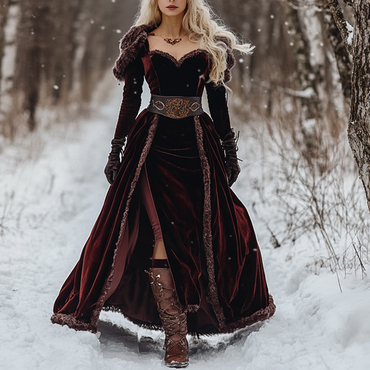 Women's Autumn And Winter Chic Wool Splicing Ancora Velvet Long Skirt Elegant Long Sleeve Wrap The Chest Tunics Dress