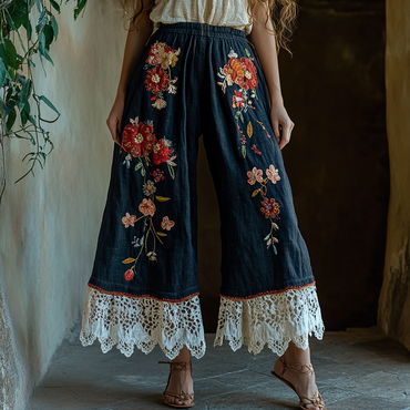 Women's Rustic Boho Vacation Print Chic Linen Lace Stitching Dark Blue Ninth Wide Leg Pants