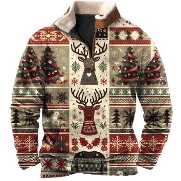 Men's Vintage Christmas Tree Chic Elk Print Fleece Collar Quarter Zip Stand Collar Sweatshirt