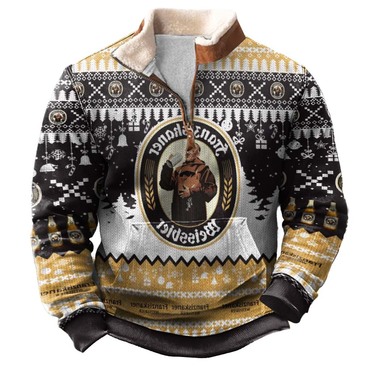 Men's Vintage Franziskaner German Chic Drinking Print Fleece Collar Quarter Zip Stand Collar Ugly Christmas Sweatshirt