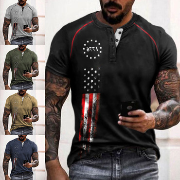 Men's Henley T-shirt American Chic Flag 1776 Independence Day Print Pattern Retro Short Sleeve Summer Henley