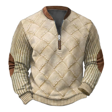 Men's Vintage 3d Print Chic Color Block Henley Zipper Long Sleeve Sweatshirt