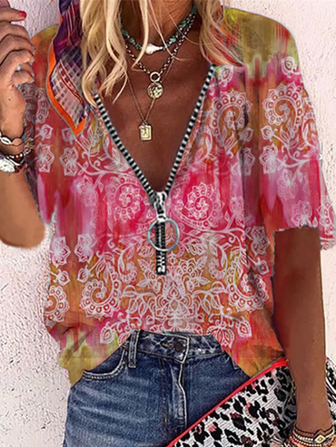 V-neck Zip Ethnic Print Chic Short Sleeve Blouse