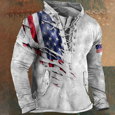 Men's Vintage American Flag Print Chic Outdoor Tactical Lace-up Hooded T-shirt