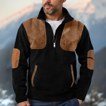 Men's Vintage Patchwork Quarter Chic Zip Neck Pocket Elbow Patch Outdoor Sweatshirt