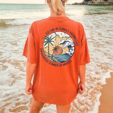 Women's Vintage Happiness Comes Chic In Waves Print Beach Oversized Loose Short Sleeve T-shirt