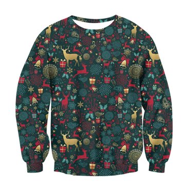 Unisex Christmas Elk Print Chic Crew Neck Ugly Christmas Sweatshirt