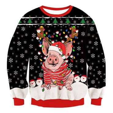 Unisex Bulb Pig Print Chic Crew Neck Ugly Christmas Sweatshirt