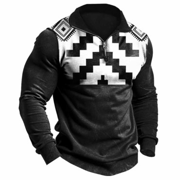 Men's Vintage Western Ethnic Chic Style Aztec Quarter-zip Stand Collar Long Sleeve Sweatshirt