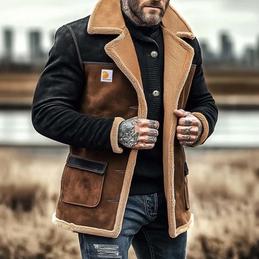 Men's Vintage Suede Color Chic Block Shearling Fleece Fur Lapel Collar Mid-length Layer Coat Jacket