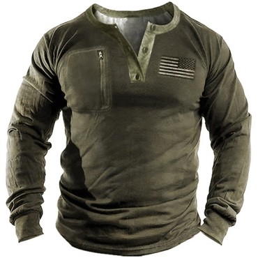 Men's Outdoor American Flag Chic Vintage Henley Shirt