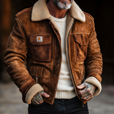 Men's Carhartt Vintage Suede Chic Patchwork Lamb Fleece Multi-pocket Reverse Collar Outdoor Jacket