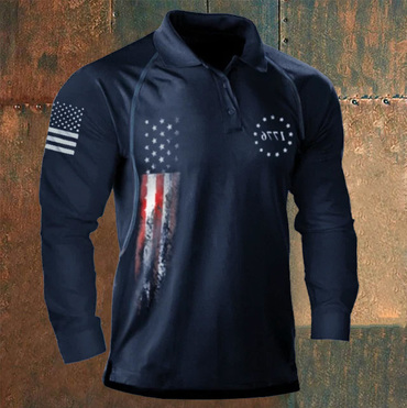 Men's 1776 American Flag Print Chic Long Sleeve Polo Shirt