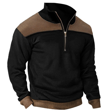 Men's Vintage Waffle Color Chic Block Contrast Quarter Zip Stand Collar Sweatshirt